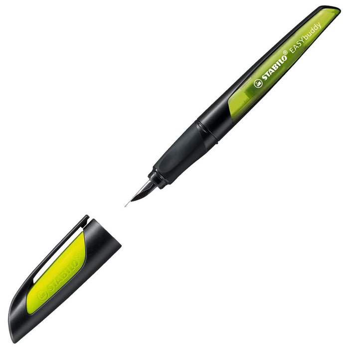 STABILO EASYbuddy Ergonomic Refillable School Fountain Pen 'L' Nib Black and Lime Left Handed Grip