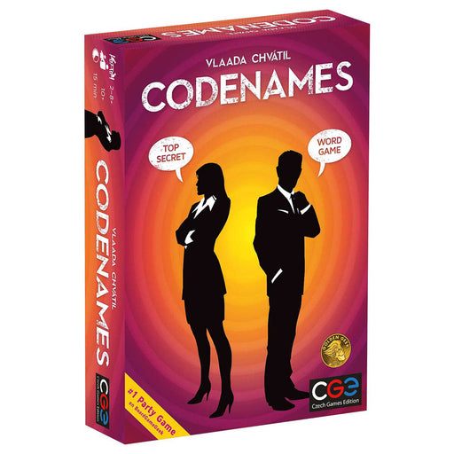 CodeNames box in purple and yellow with black silhouettes of spy's