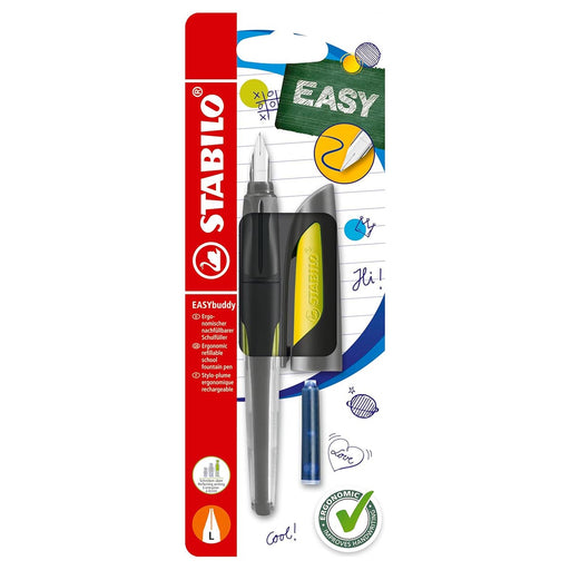 STABILO EASYbuddy Ergonomic Refillable School Fountain Pen 'L' Nib Black and Lime Left Handed Grip