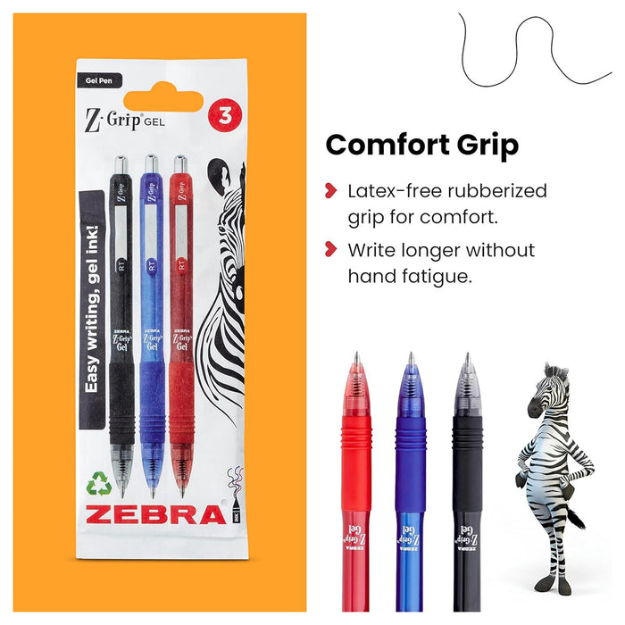 Zebra Z-Grip Gel Pen Black, Blue, Red Ink - 3 Pack