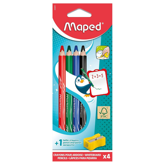 Maped Wooden Dry Erase Whiteboard Pencils x4 Assorted Colours & Sharpener 