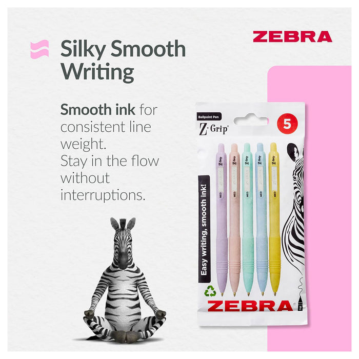 Zebra Pens Z- Grip Smooth Pastel Barrel Black Ink 5pk