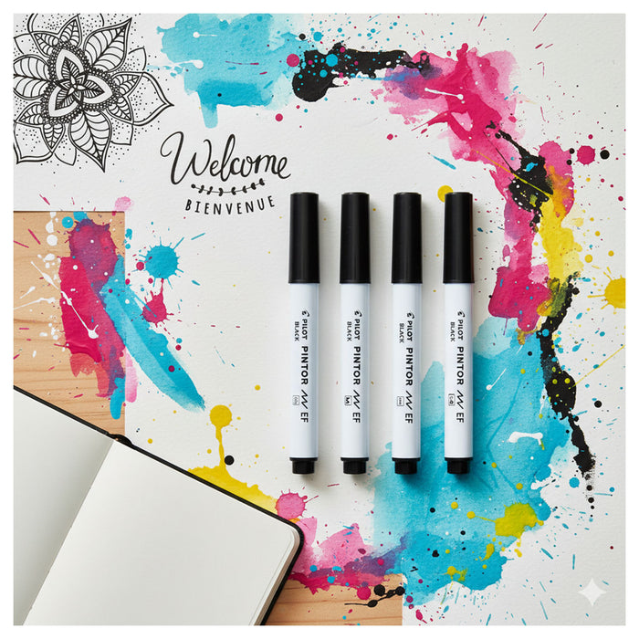 Pilot Pintor Black Marker Pens EF, F, M, B Tips (4 Pack)