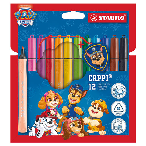 STABILO Cappi PAW Patrol Fibre-Tip Pens Assorted Colours and One Cap-Ring (12 Pack)