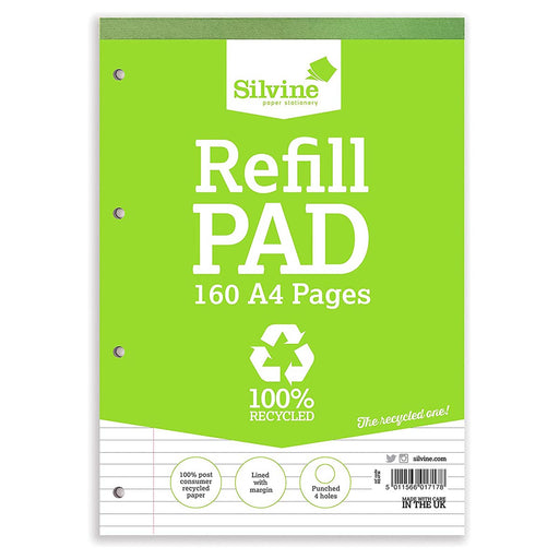 Silvine A4 Refill Pad 100% Recycled 160 Pages Ruled