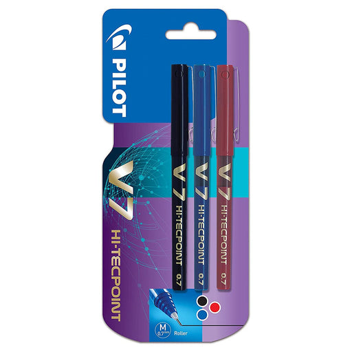 Pilot V7 Hi-Tecpoint M 0.7 Black Blue Red Rollerball Pens (3 Pack)