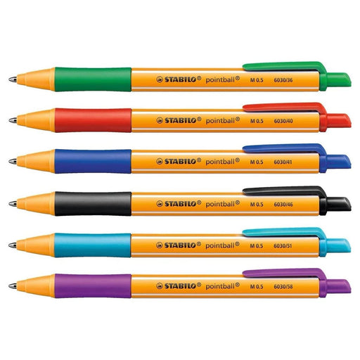 STABILO pointball Retractable Ballpoint Blue Black Red Green Turquoise, and Lilac Pens (6 Pack)