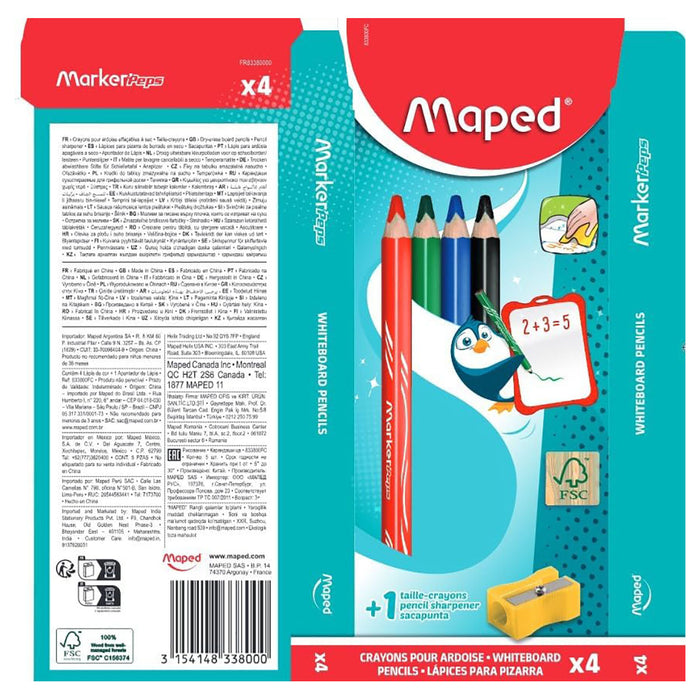 Maped Wooden Dry Erase Whiteboard Pencils x4 Assorted Colours & Sharpener 