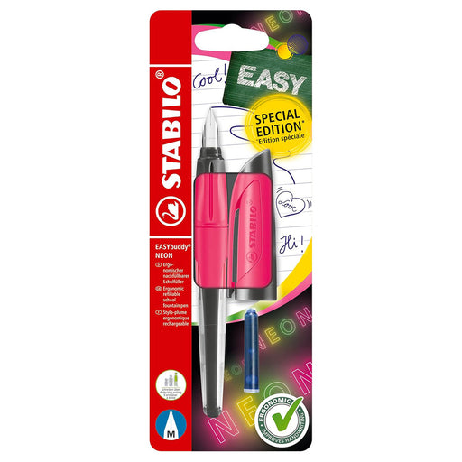 STABILO EASYbuddy NEON Pink Fountain Pen with Blue Ink Cartridge