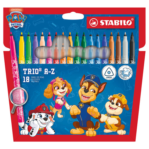 STABILO Trio A-Z PAW Patrol  Fibre-Tip Pens with Triangular Grip Zone Assorted Colours (18 Pack) 