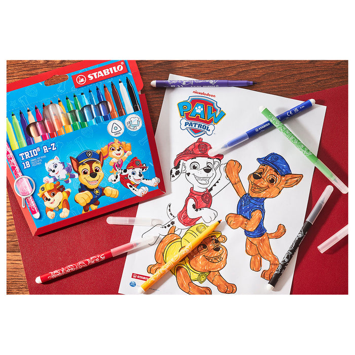 STABILO Trio A-Z PAW Patrol  Fibre-Tip Pens with Triangular Grip Zone Assorted Colours (18 Pack) 