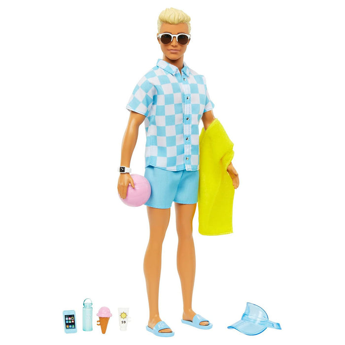 Blonde Ken Doll with Swim Trunks and Beach-Themed Accessories 