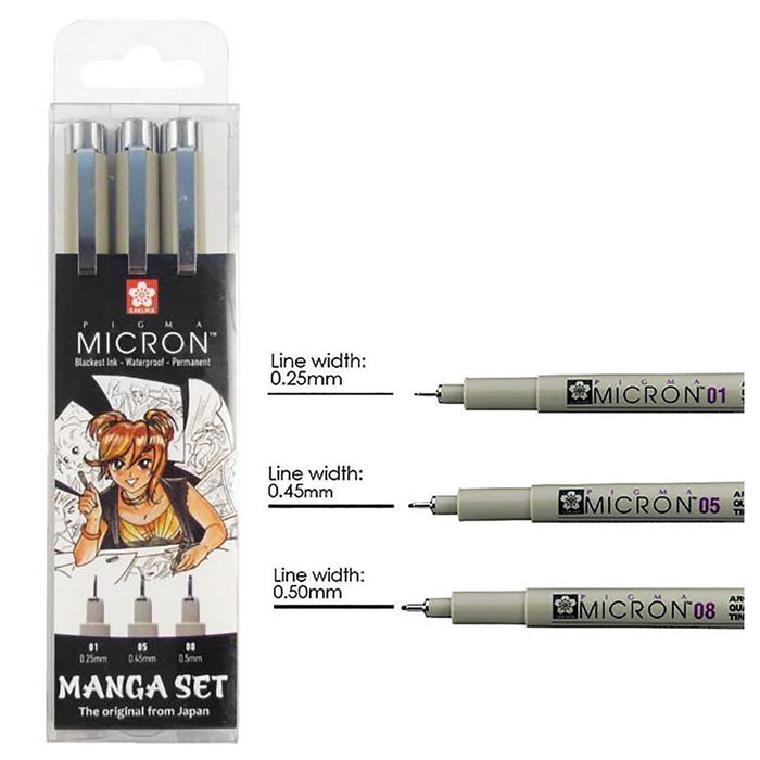 Sakura Pigma Micron fineliner Set Manga Collection 3 sizes, Black