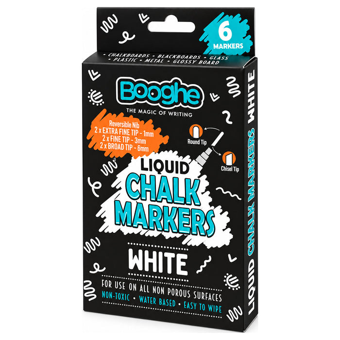 White Chalk Markers Pack of 6 with 2x Extra Fine 1mm, x2 Fine 3mm, 2x Broad Tip