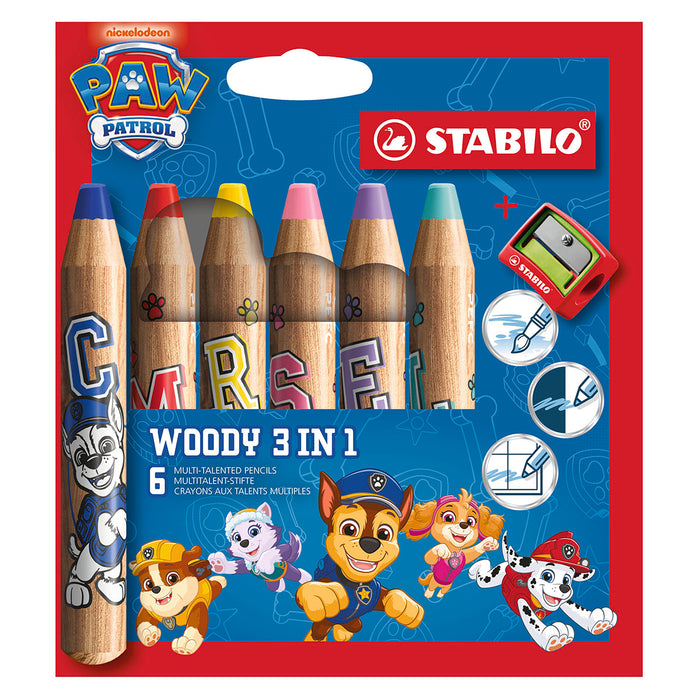 STABILO woody 3-in-1 PAW Patrol Multi-Talented Pencil Assorted Colours with Sharpener (6 Pack) - 