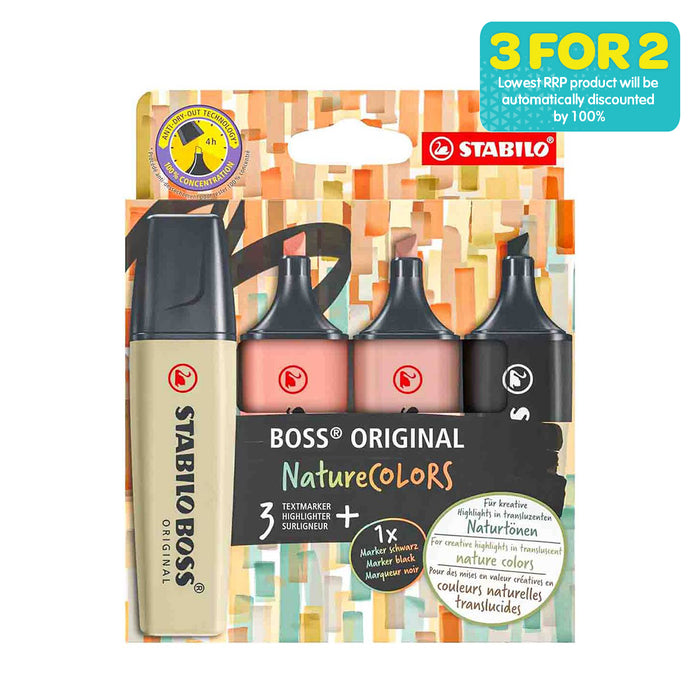 STABILO BOSS ORIGINAL NatureCOLORS Textmarker Mud Green, Sienna, Umber, Black (4 Pack)