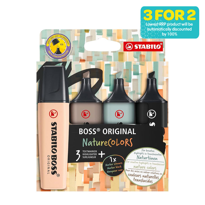 STABILO BOSS ORIGINAL NatureCOLORS Textmarker Beige, Warm Grey, Earth Green, Black (4 Pack)