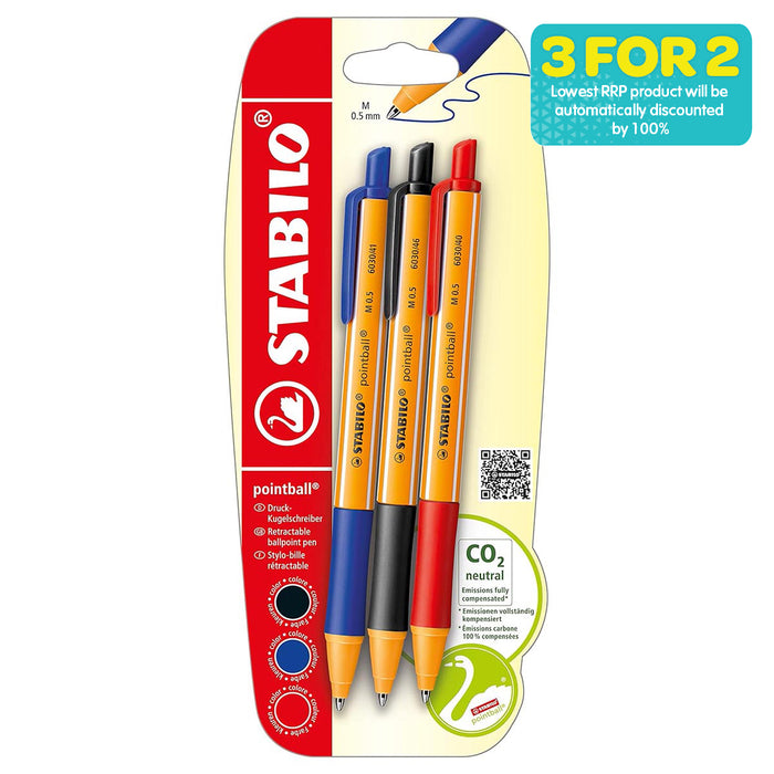 STABILO pointball Retractable Ballpoint Blue Black and Red Pens (3 Pack)