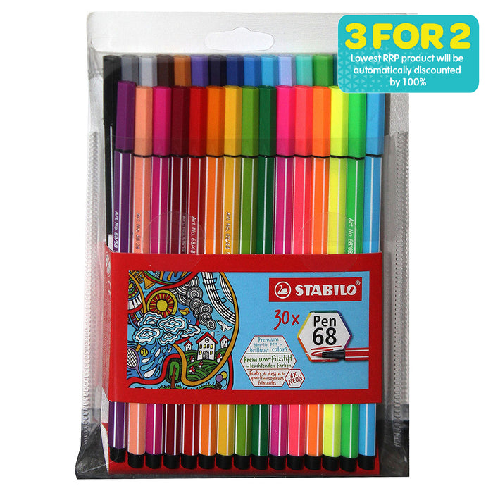 STABILO Pen 68 Premium Fibre-Tip Coloured Pens (30 Pack)