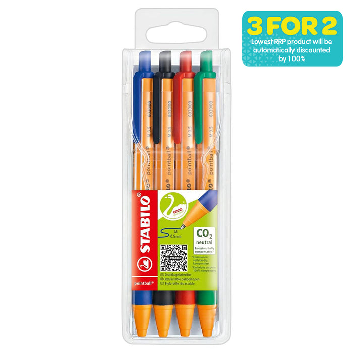 STABILO pointball Retractable Ballpoint Blue Black Red and Green Pens (4 Pack)