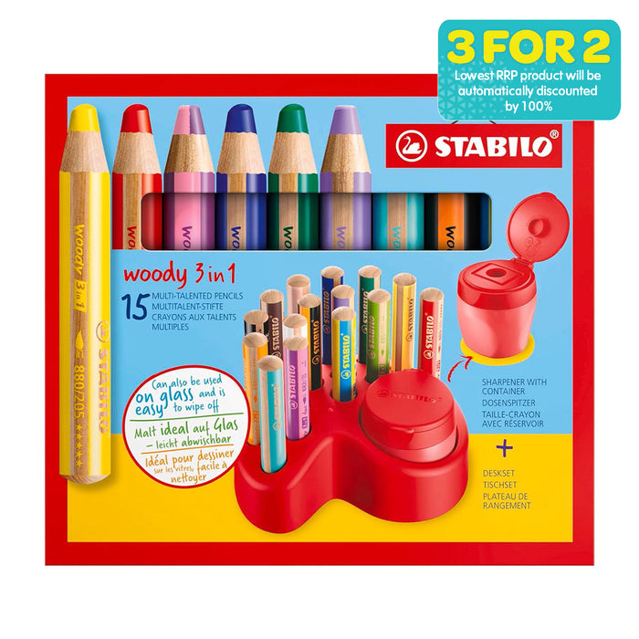 STABILO woody 3 in 1 Deskset with 15 Multi-Talented Pencils and Sharpener with Container