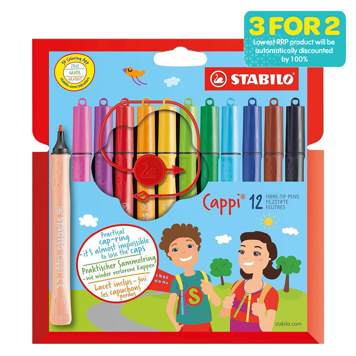 STABILO Cappi 12 Fibre-Tip Pens with Cap Ring