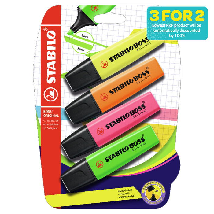 STABILO BOSS ORIGINAL Assorted Colours Highlighter Pack of 4