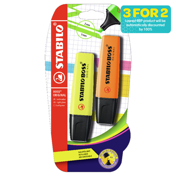 STABILO BOSS ORIGINAL Yellow & Orange Highlighter Pack of 2