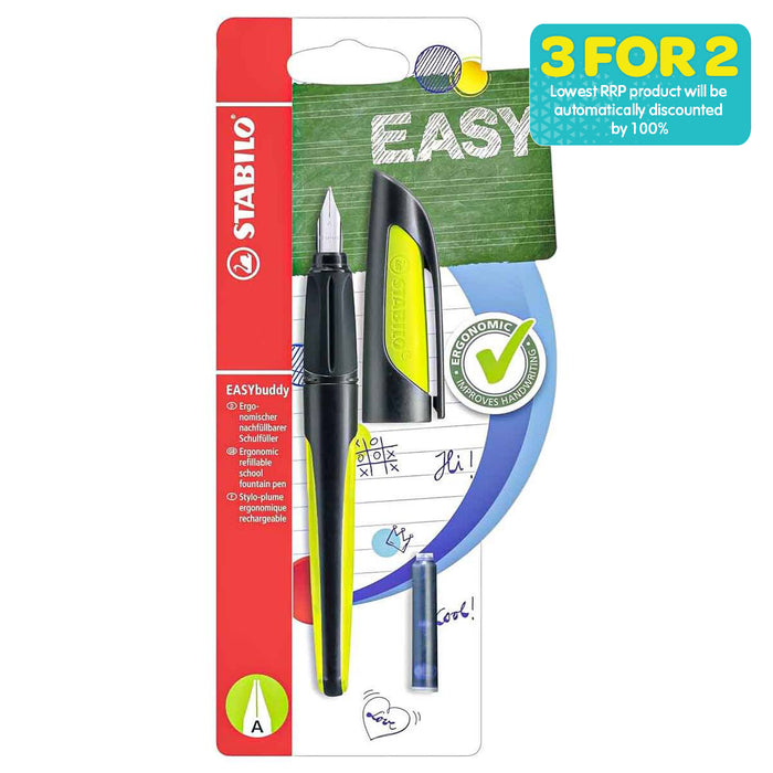 STABILO EASYbuddy Ergonomic Refillable School Fountain Pen 'A' Nib Black/Lime