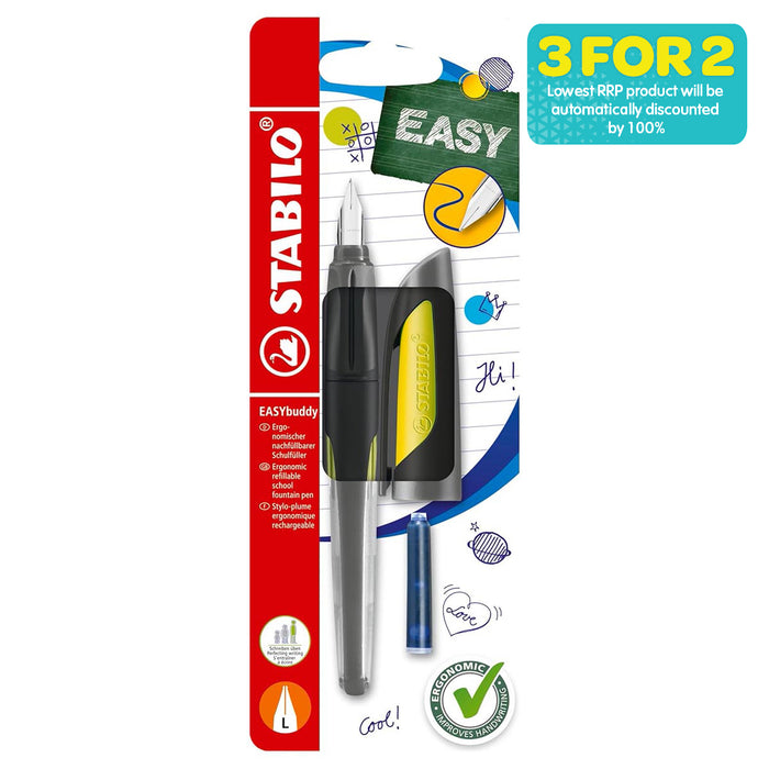 STABILO EASYbuddy Ergonomic Refillable School Fountain Pen 'L' Nib Black/Lime Left Handed Grip