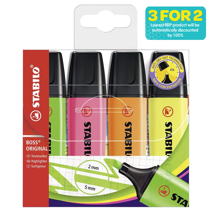 STABILO BOSS ORIGINAL Assorted Colours Highlighters (4 Pack)