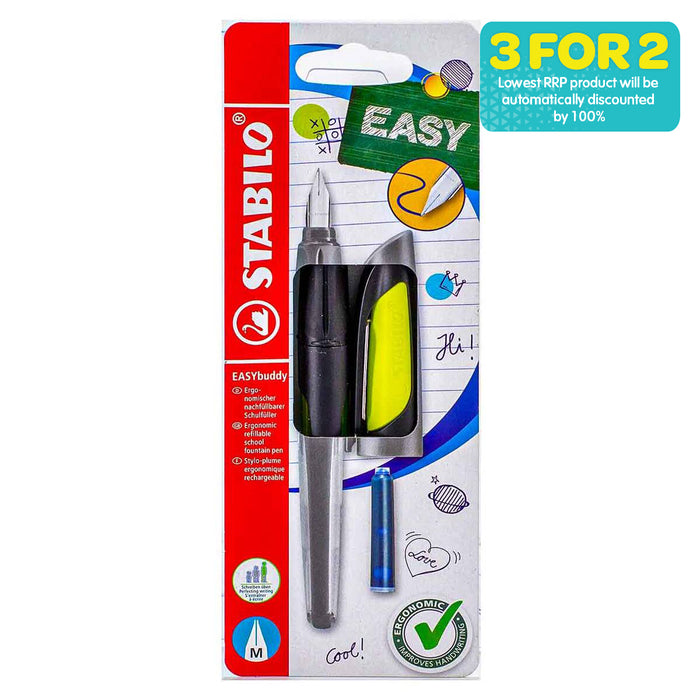 STABILO EASYbuddy Ergonomic Refillable School Fountain Pen 'M' Nib Black/Lime