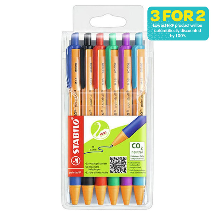 STABILO pointball Retractable Ballpoint Blue Black Red Green Turquoise, and Lilac Pens (6 Pack)