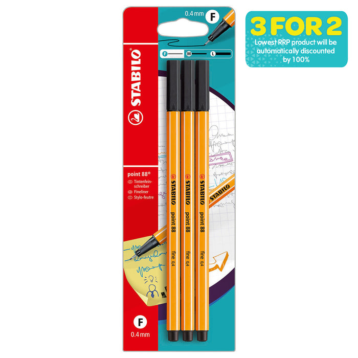 STABILO Point 88 Fineliner Black Pens (3 Pack)