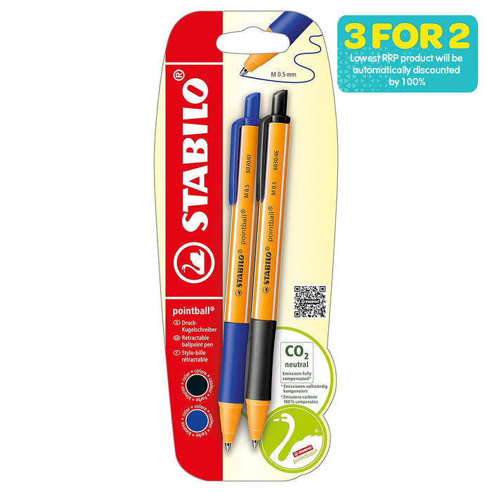 STABILO pointball Retractable Ballpoint Blue and Black Pens (2 Pack)