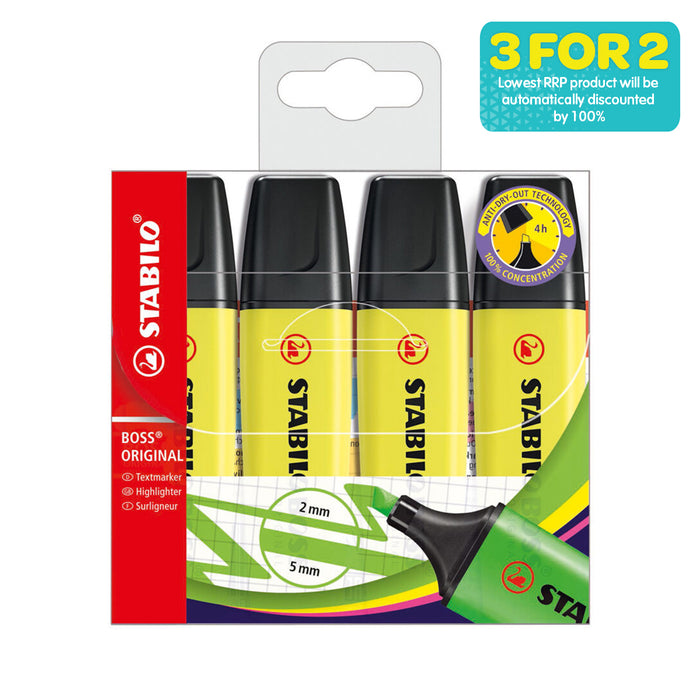 STABILO BOSS ORIGINAL Yellow Highlighter Wallet Pack of 4