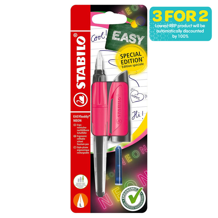 STABILO EASYbuddy NEON Pink Left-Handed Fountain Pen with Blue Ink Cartridge