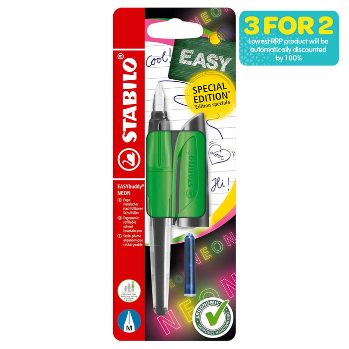 STABILO EASYbuddy NEON Green Medium Nib Fountain Pen with Blue Ink Cartridge