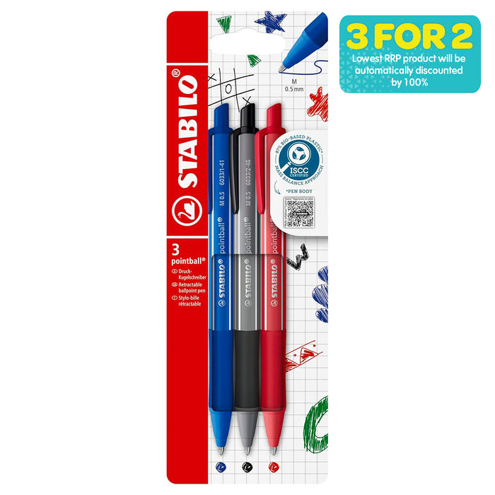 STABILO pointball colorful Ballpoint Pen with Assorted Coloured Inks (3 Pack)