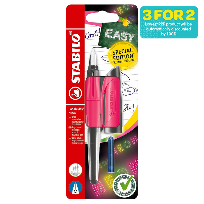 STABILO EASYbuddy NEON Pink Fountain Pen with Blue Ink Cartridge
