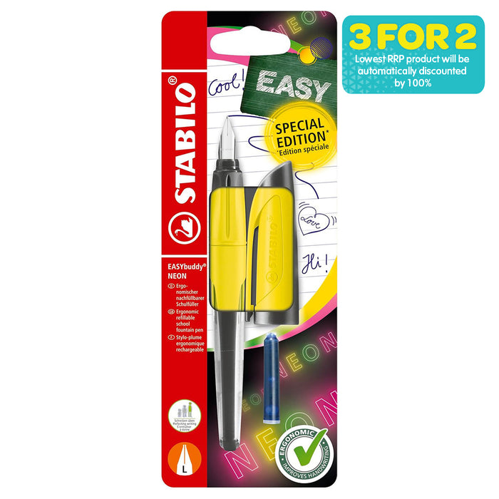 STABILO EASYbuddy NEON Yellow Left-Handed Fountain Pen with Blue Ink Cartridge