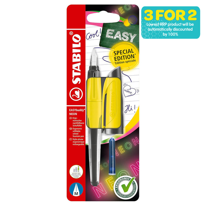 STABILO EASYbuddy NEON Yellow Medium Nib Fountain Pen with Blue Ink Cartridge