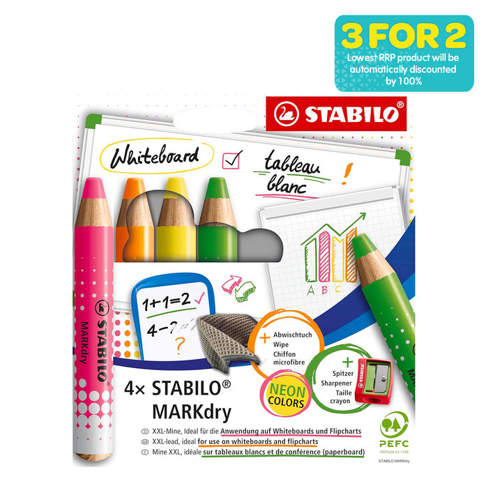 STABILO MARKdry Neon Colours Whiteboard and Flipchart Marker (4 Pack)