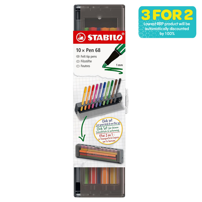 STABILO Pen 68 Felt Tip Pen in Assorted Colours (10 Pack)