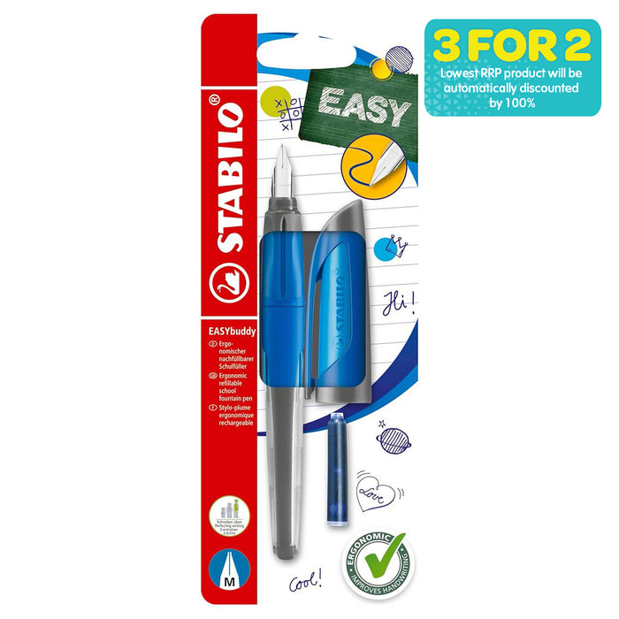 STABILO EASYbuddy Ergonomic Refillable School Fountain Pen 'M' Nib Blue