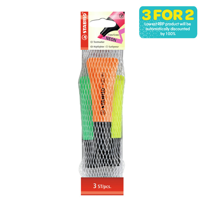 STABILO NEON Assorted Colours Highlighter Pack of 3