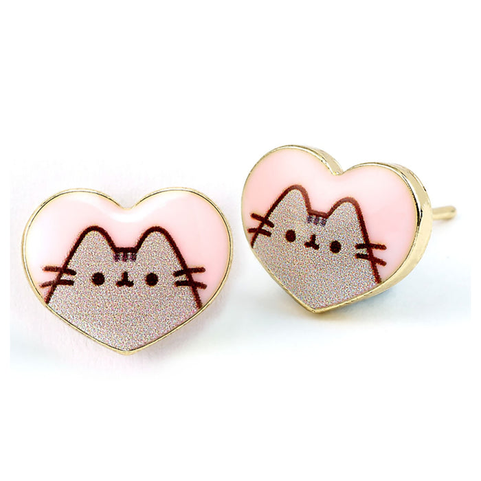 Pusheen the Cat Pink Enamel and Gold Heart Stud Earrings