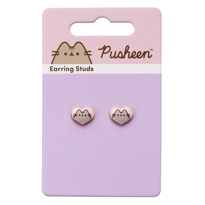 Pusheen the Cat Pink Enamel and Gold Heart Stud Earrings