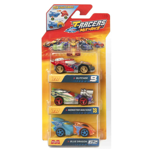 T-Racers Mix 'N Race Cars - Glitcher - Monster Machine - Blue Dragon (3 Pack)