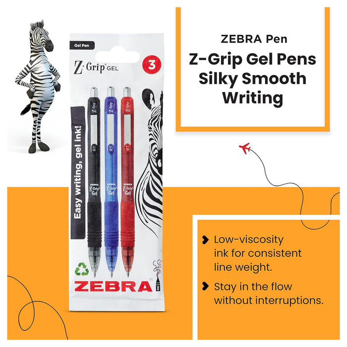 Zebra Z-Grip Gel Pen Black, Blue, Red Ink - 3 Pack